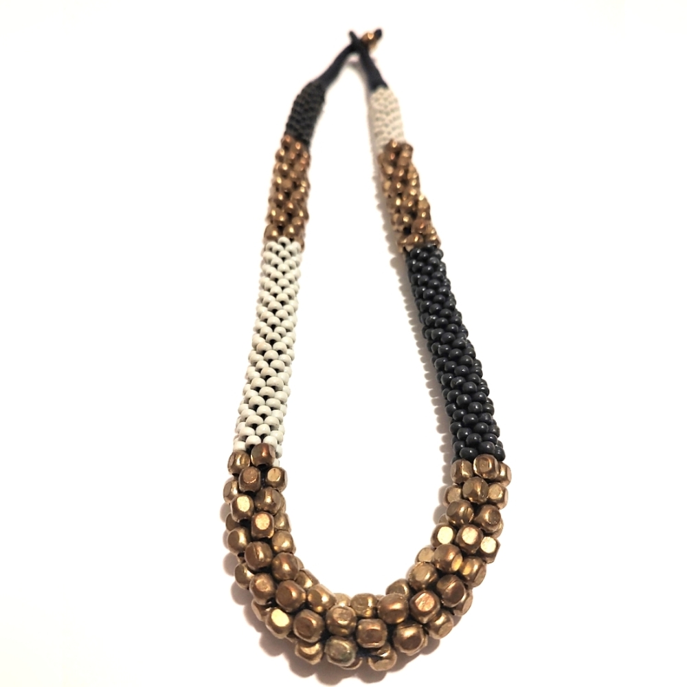 Gorgeous long Vintage gold, black, and white seed bead necklace